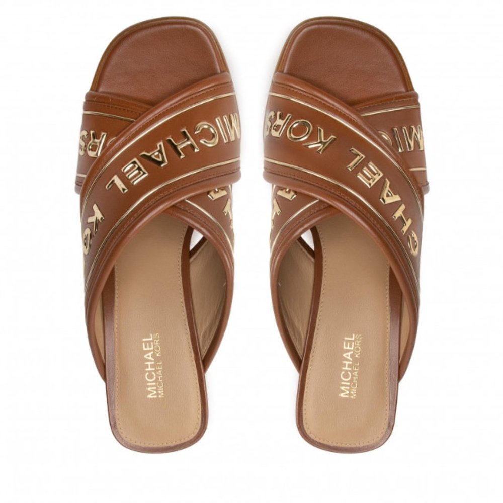 Michael Kors Gideon Embellished Faux Leather Slide Sandal - Luggage - Sz 10